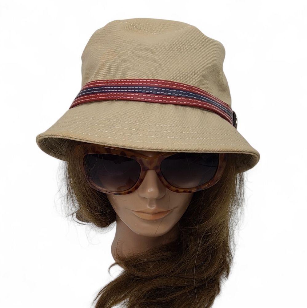 COACH Vintage Twill Bucket Hat Tan with Red/Blue Leather band Size M/L - Picture 2 of 9